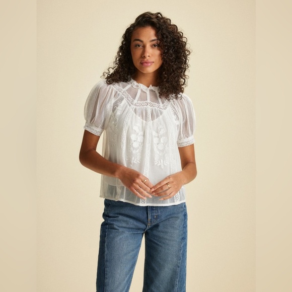 NEW ST. ROCHE leith top milky lace ruffle feminine puff sleeve romantic spring - Picture 1 of 4